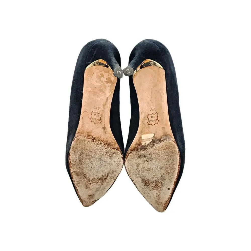 Tory Burch Lanette Black Suede Heels Gold Double T Accent Pumps 8 Quiet Luxury